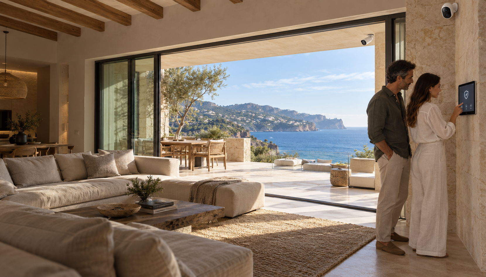 Escena generada por IA: interior de una casa mediterránea con vistas al mar, una pareja utilizando la alarma y cámaras de seguridad